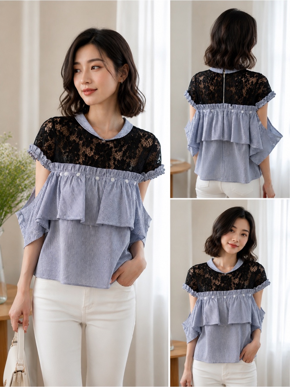 Eloquii Women’s Black Lace & Light Blue Ruffle Cold-Shoulder Top